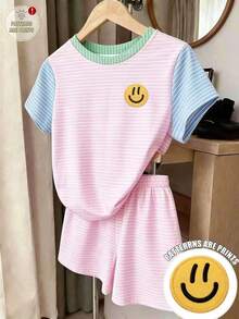 (Patrón Aleatorio, 1 Set Aleatorio) Camiseta Corta Básica & Shorts para Niñas Jóvenes con Patrón de Rayas, Cara de Dibujos Animados, Parches de Corazón y Lazo en Púrpura & Rosa Fresco - Multicolor - Ver 5