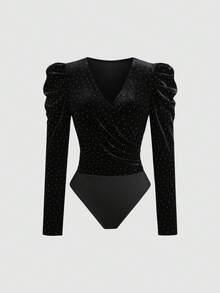 Balvessa Rhinestone Velvet Criss-Cross Neck Elegant Party Long Sleeve Women Bodysuit - Black - View 3