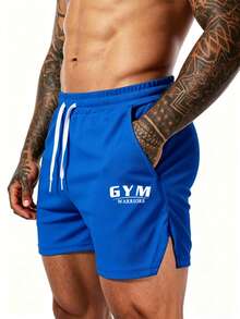 Gym Rark Men's Letter Print Drawstring Waist Sports Shorts - Blue - View 3