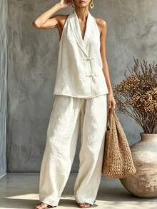 SHEIN Holidaya Autumn New Arrival: New Chinese Style Pants Two Pieces Set, Halter Neck Asymmetric Placket Top, Frog Button Top And Bottom Set, Loose Fit Set, Elegant Women's Set, Women's Casual Shirt, Women's Vacation Outfit, Women's Commute Outfit, White Top - Apricot - View 5