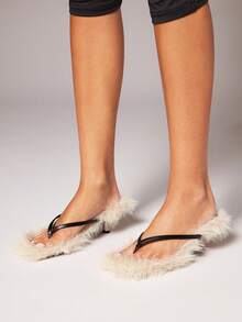 SHUZIA Women's Fuzzy Fashionable Thong High Heel Sandals - Beige - View 2