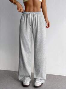 Dewbera Dewbera Women's Solid Color Drawstring Waist Casual Versatile Daily Travel Sportswear Daily Wear Long Pants - Light Grey - View 3