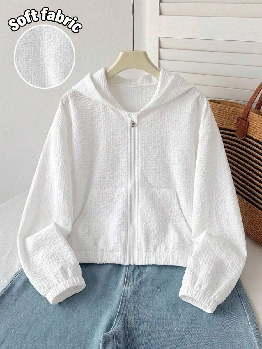 SHEIN 青少年女孩純色長袖拉鍊休閒連帽外套，隨機1件，返校季 - 白色 - 查看 1