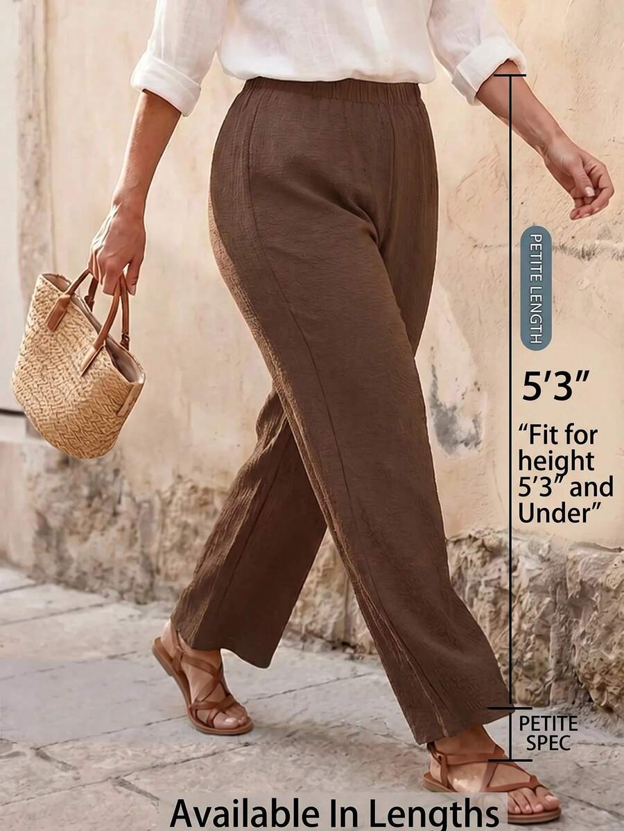 SHEIN PETITE CURVE Plus Size Casual Solid Color Pants For Vacation And Versatile Wear - Brown - View 1
