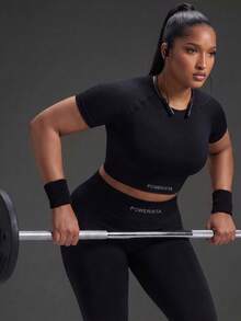 Powerista Women's Plus Size  Summer Gym And Workout Athletic Withe Letter Print Short Sleeve Top And High Waist Leggings Sport Set Casual Daily Sports Outfit - Black - View 3