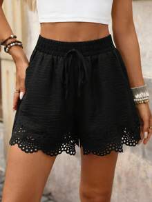 Brillora Women's Elastic Waist Pants, Summer Boho Casual Vacation Solid Color Woven Loose Shorts, Hollow Flowers, Black Holiday Beach - Black - View 5