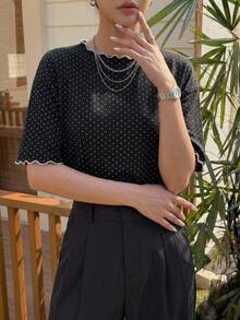 FRIFUL Women's Wavy Striped Loose Contrast Trim Short Sleeve T-Shirt, Summer Casual Wear - Black - View 4