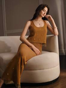 Anewsta Heavy Handcrafted Beaded Tassel Top And Skirt Knit Two Pieces Set Dinner Tea Party Shades Of Brown Summer Elegant - Brown - View 8