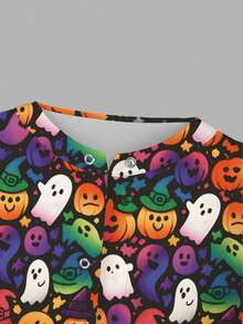 PopScrub Halloween Colorful Gradient Pumpkin Ghost Print Scrub Jacket, Spring/Summer Fashion With Ear-Loop Design Women's Nurse Uniform Top, Uniform Jacket, Playful Halloween Theme Black Top - Multicolor - View 6