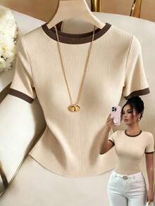 Elenzga Women's Colorblock Round Neck Short Sleeve Casual Ribbed T-Shirt - Apricot - View 2