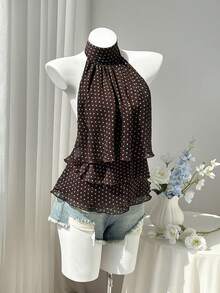 SHEIN EZwear 女款春夏秋棕色與藍色波點印花雪紡中領掛脖綁帶露背荷葉邊層次感上衣，優雅通勤辦公室復古休閒購物約會日常出遊百搭 - 棕色 - 查看 1