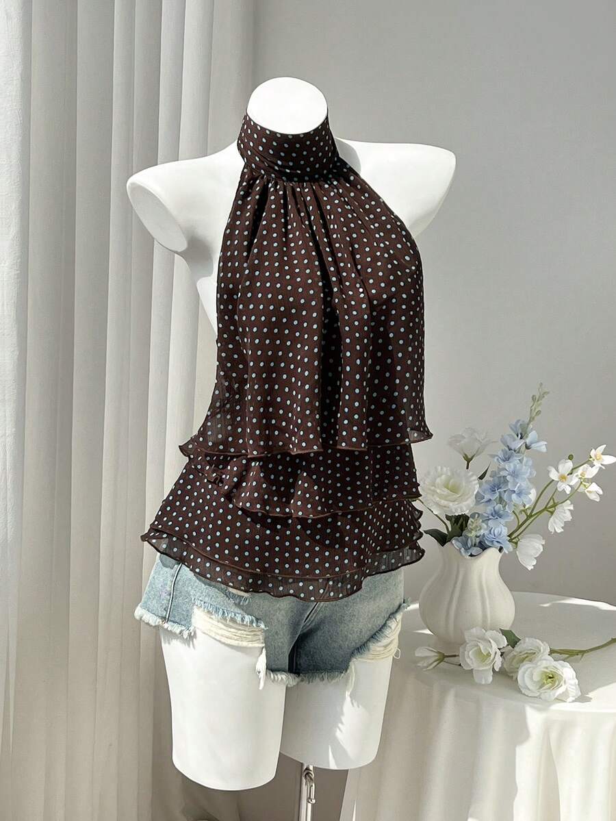 SHEIN EZwear 女款春夏秋棕色與藍色波點印花雪紡中領掛脖綁帶露背荷葉邊層次感上衣,優雅通勤辦公室復古休閒購物約會日常出遊百搭 - 棕色 - 查看 1
