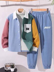 SHEIN 兒童青少年男孩休閒拼色翻領襯衫，基礎上衣，聖誕襯衫，適合秋冬、學校、派對、家庭聚會，秋季穿搭，冬季穿搭 - 彩色 - 查看 3