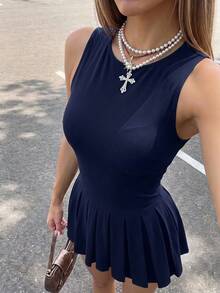 SHEIN ICON 女士休闲纯色无袖褶裥下摆迷你连衣裙，夏季 - 藏蓝色 - 查看 10
