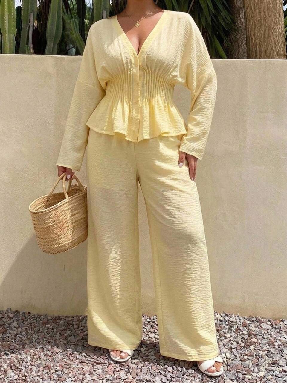 Dazy Plus Solid Color Casual V-Neck Waist-Cinching Long Sleeve Shirt And Pants 2 Pieces Set, Yellow, Spring/Summer/Autumn Vacation