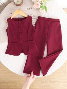 Firerie Kids Firerie Kids Young Girls Casual Daily Fashion Commute Red Vest & Pants 2 Pieces Set - Burgundy - View 5