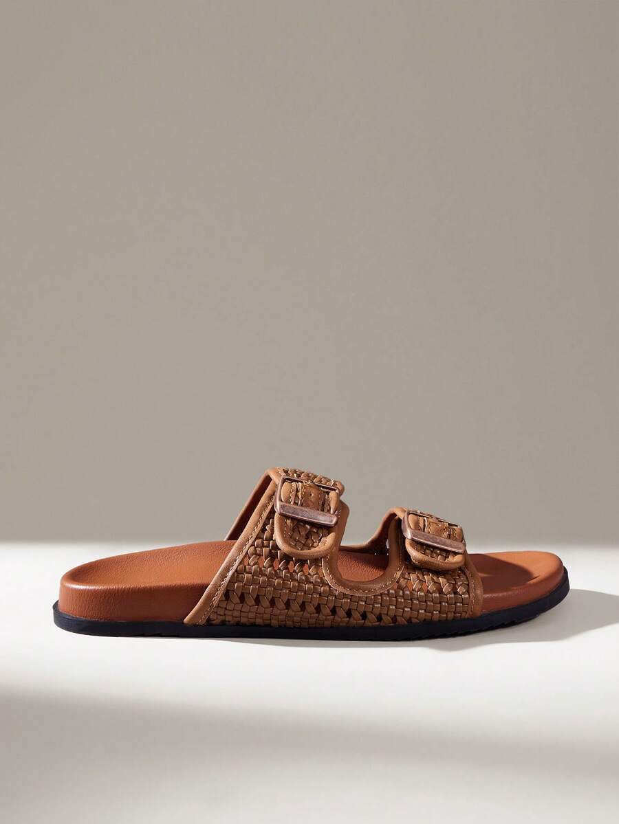 Solecia Ladies Spring And Summer New Hollow Woven Double Buckle Design Comfortable Casual Slippers - Brown - View 1