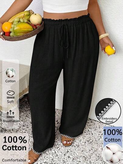 Embrisa Celana Panjang Longgar Wanita Ukuran Besar dengan Motif Bunga Kerang dan Tekstur Hitam, Cocok untuk Musim Semi dan Musim Panas
