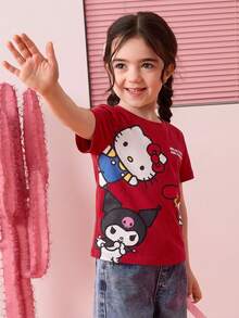 HELLO KITTY AND FRIENDS | SHEIN Young Girl Round Neck Letter Cartoon Print Casual Versatile Daily Short Sleeve T-Shirt - Red - View 4