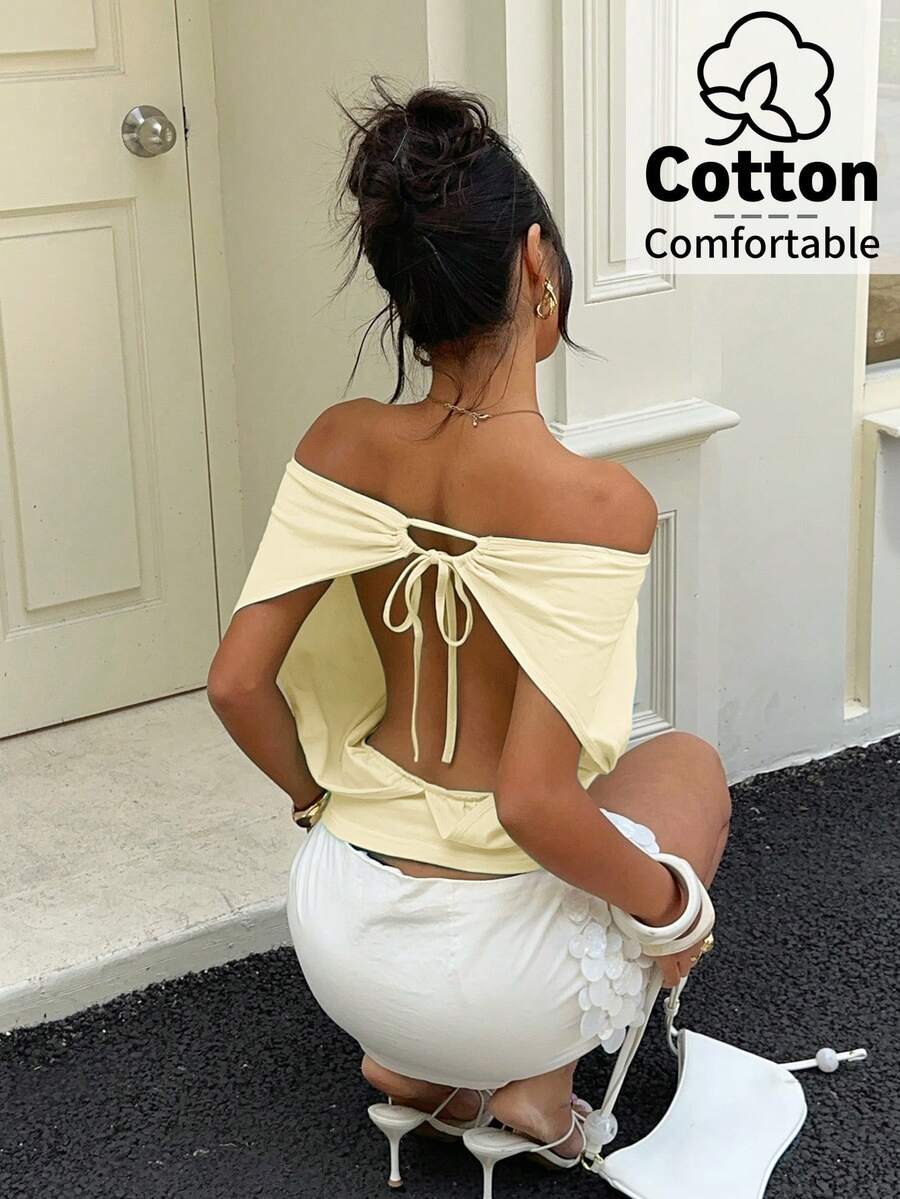 Aloruh Women's Spring/Summer Vacation Solid Color Yellow Mint Green Sexy Backless Loose Off-Shoulder Tie-Front T-Shirt, Suitable For Vacation, Party, Date, Music Festival, Y2K - Light Yellow - View 1