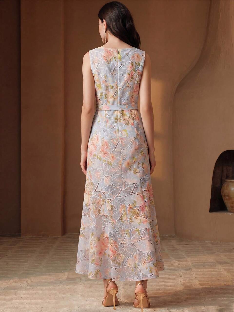 Anewsta Women's Jacquard Round Neck Sleeveless Fishtail Hem Elegant Long Dress