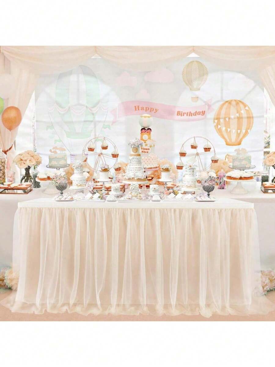 1-Piece Champagne-Colored Single-Layer Tulle Pleated Table Skirt, Suitable For Rectangular And Round Tables - The Perfect Choice For Birthday Parties, Weddings, Bridal Showers, Cake Table Decorations, And All Celebratory Occasions