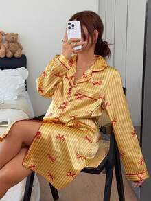 Dream Adore Gaun Tidur Wanita Lengan Panjang dengan Kerah Depan Terbuka dan Pita, Motif Garis-garis - Kuning - View 3
