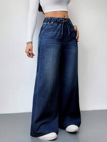 SHEIN Tall 女款時尚百搭抽繩腰口袋寬鬆寬腿牛仔褲 女牛仔裝飾藍色牛仔褲 返校季秋季穿搭 - 藍色 - 查看 6