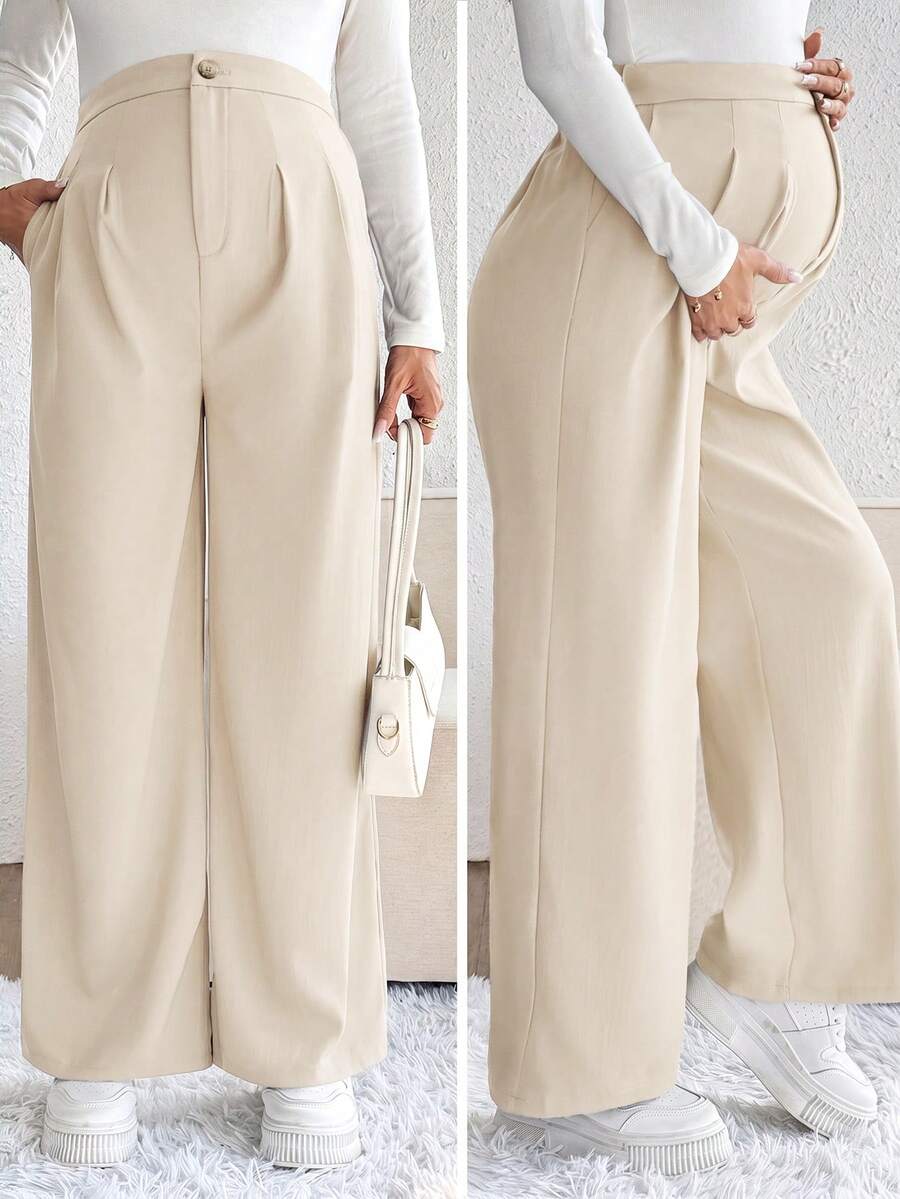 SHEIN Maternity Solid Color Pleated Casual Versatile Daily Wear Long Pants - Apricot - View 1