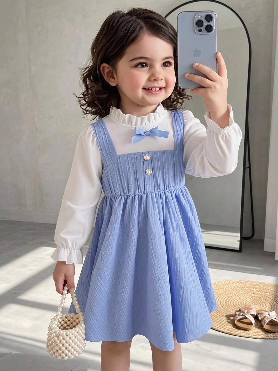 Young Girl Autumn 2 In 1 Dress, Textured Blue And White Patchwork Design, Exquisite Bow + Pearl Button Embellishment, Soft Skin-Friendly Fabric, Gentle Preppy Style High-Quality Children's Clothing - Blue - View 1