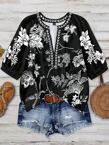 Linhara Spring Summer Autumn Casual Boho Commute Vacation Mid-Sleeve Raglan Sleeve V-Neck Floral Print Solid Color Blouse Plus Size Black - Black - View 6