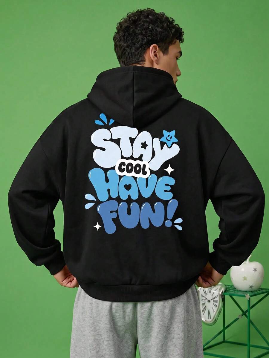 FROVYX Black Short Loose Drop Shoulder Hoodie, Cartoon Letter Print, Casual & Fun, Suitable For Daily Wear - Black - View 1