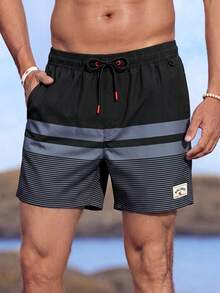 Manfinity KASUA Men Loose Striped Beach Shorts In Vacation Style Milk Silk Lining - Black - View 3