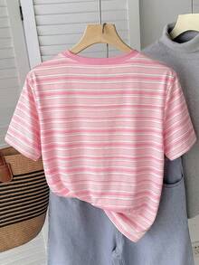 SHEIN 青少年女孩休閒百搭甜美粉色條紋愛心刺繡圖案圓領基本款T恤，適合夏季、母親節、畢業季，適用於春夏季日常、外出、度假、假日穿著，時尚女孩休閒穿搭，新風格，返校、放鬆、開學 - 彩色 - 查看 2
