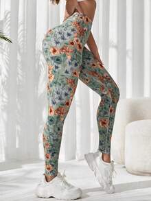 SHEIN Sports Women's Floral Print High Waist Daily Fitness Sports Leggings - Mist Green - View 5