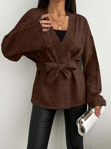 EURMUSE Women Solid Color Dropped Shoulder Long Sleeve Loose Tie-Front Casual Cardigan - Brown - View 7