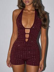 SHEIN ICON 女士水钻装饰深V领性感紧身连体衣 - 玫瑰紅 - 查看 1