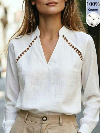 Balvessa Camisa elegante de mujer de algodón puro blanco con cuello alto, escote en V, manga larga y ribete de encaje en los hombros