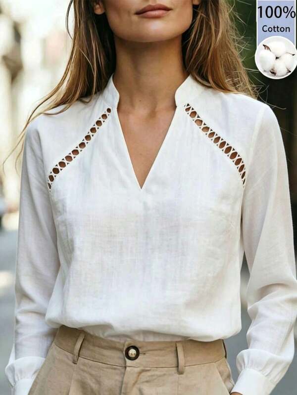 Balvessa Camisa elegante de mujer de algodón puro blanco con cuello alto, escote en V, manga larga y ribete de encaje en los hombros