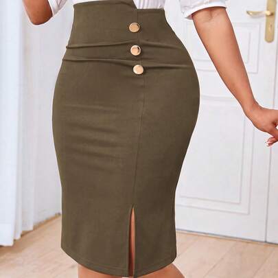 Commuter Minimalist Women's High Waist Button Design Side Slit Pencil Skirt