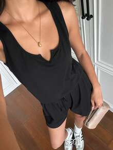 SHEIN EZwear 女款純色缺口V領腰部綁帶無袖連身褲 - 黑色 - 查看 4