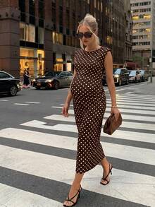 MaterniWear Maternity Brown Print Round Neck Slim Fit Elegant 1920 Vintage Casual Dress Photoshoot Formal Summer - Brown - View 1