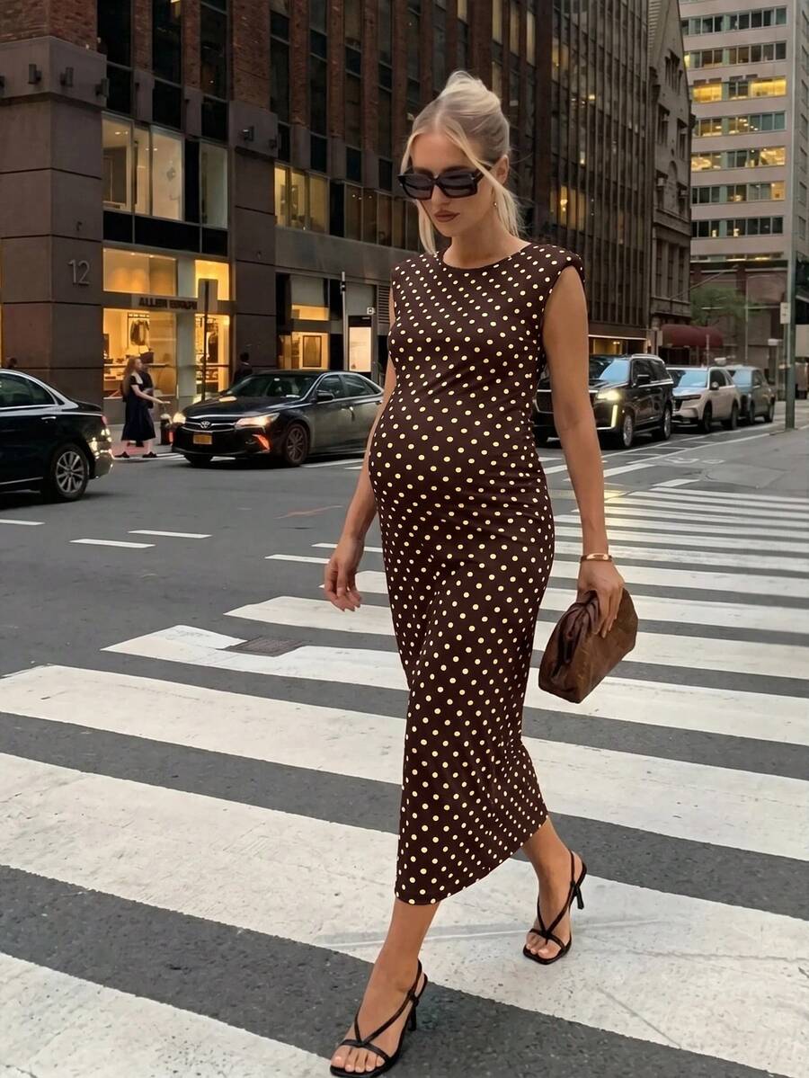 MaterniWear Maternity Brown Print Round Neck Slim Fit Elegant 1920 Vintage Casual Dress Photoshoot Formal Summer - Brown - View 1
