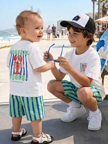 SHEIN Playful Pals 小龍蝦印花 2 件組幼兒夏季度假前後穿著 T-shirt，彈性腰條紋 S 號 - 彩色 - 查看 8