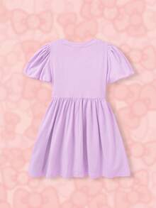 HELLO KITTY AND FRIENDS | SHEIN 少女休閒可愛心形圖案&卡通角色印花泡泡袖a字裙 - 紫色 - 查看 2