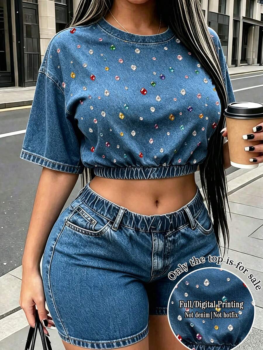Rovax Loose Crew Neck Dropped Shoulder Short Sleeve Crop Top Tee Denim Graphic Print Tshirt - Multicolor - View 1