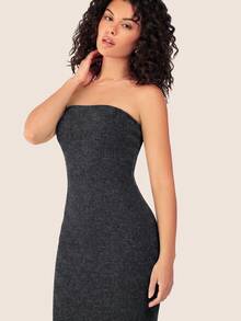 SHEIN BASICS 女款純色休閒日常無肩帶中長洋裝 - 黑色 - 查看 6