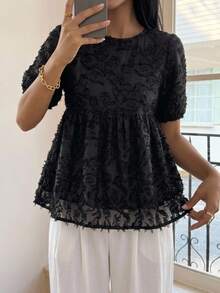 FRIFUL Women's Fashion Round Neck Loose Fit Babydoll Blouse Summer - Black - View 2