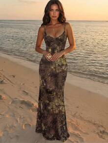 Aloruh Spring/Summer Vacation Spaghetti Strap Tie-Up Fitted Sexy Printed Women's Dress - Brown - View 2