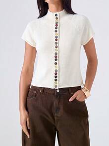 LYSMO Women's Solid Color Single-Breasted Stand Collar Casual Versatile Daily Wear Cardigan - White - View 3